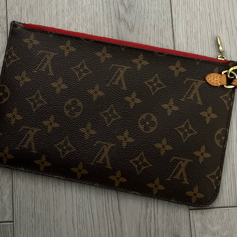 Louis Vuitton Brown Monogram Clutch with Red Accent